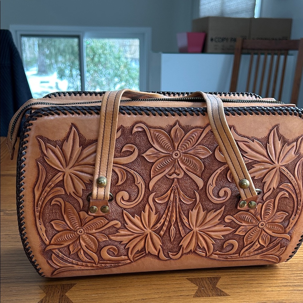Floral Embossed Tan Leather Shoulder Bag